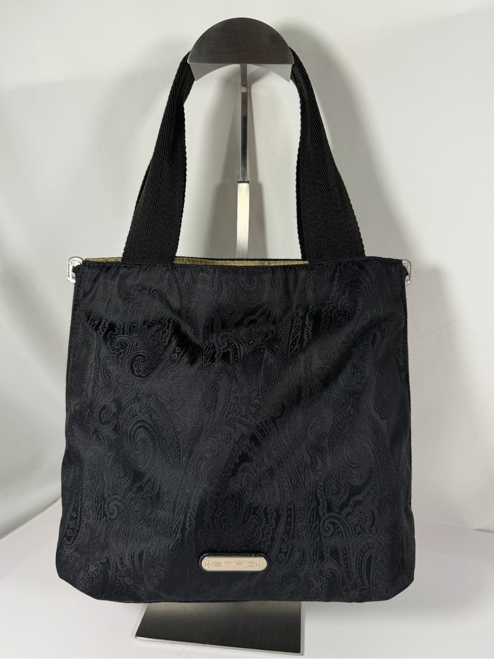3194: ETRO Reversible Black & Gold Paisley Jacquard Zip Tote Bag Made in Italy